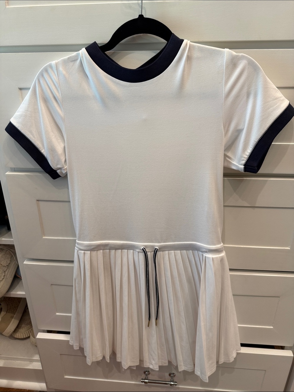 Varley White Dress with Navy Trim and Pleated Skirt